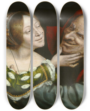 Triptych art skateboard deck of Quentin Massys Illmatched Lovers by Quentin Massys (1466-1530)
