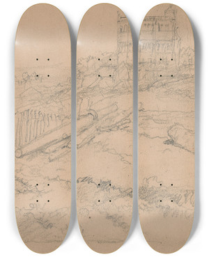 Triptych art skateboard deck of Clarkson Stanfield Study Of A Dry Dock With Boat by Clarkson Stanfield (1793-1867)