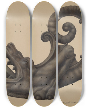 Triptych art skateboard deck of Pearl Torell Iron Dragon by Pearl Torell