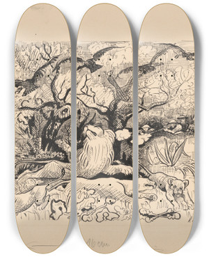 Triptych art skateboard deck of Arnold Peter Weiszkubnan Stories In Wilderness 2 by Arnold Peter Weisz-Kubnan (1898-1944)