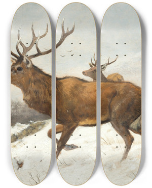 Triptych art skateboard deck of Carl Friedrich Deiker Stags In The Snow by Carl Friedrich Deiker (1836-1892)