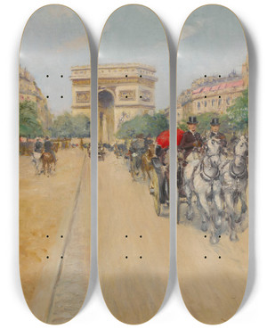Triptych art skateboard deck of Georges Stein Along The Champslyses by Georges Stein (1870-1917)
