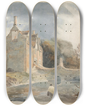 Triptych art skateboard deck of Cornelius Varley A Moated House by Cornelius Varley (1781-1873)