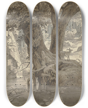 Triptych art skateboard deck of Johann Wilhelm Schirmer Forest Landscape by Johann Wilhelm Schirmer (1807-1863)