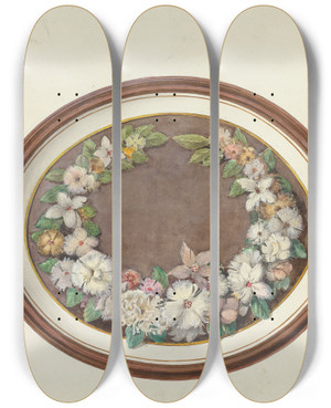 Triptych art skateboard deck of Esther Hansen Feather Wreath Oval Frame by Esther Hansen