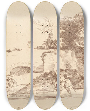 Triptych art skateboard deck of George Knapton Landscape With Figures_2 by George Knapton (1698-1778)