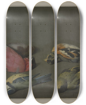 Triptych art skateboard deck of Philipp Ferdinand De Hamilton Five Dead Birds by Philipp Ferdinand De Hamilton (1664-1750)