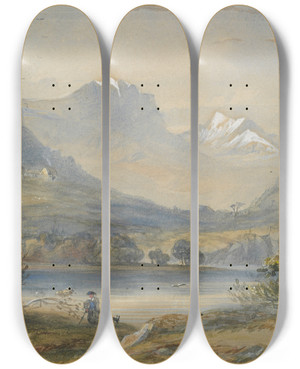 Triptych art skateboard deck of Archer Stanley Mountain Lake by Archer Stanley