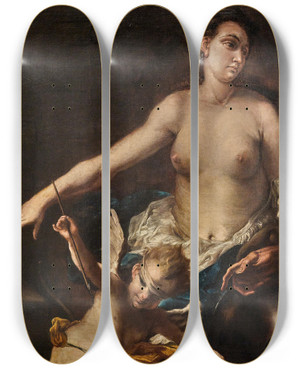 Triptych art skateboard deck of Alessandro Magnasco Venus In Vulcans Forge With Cupid Blindfolded by Alessandro Magnasco (1667-1749)