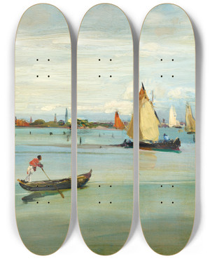 Triptych art skateboard deck of Lorenzo Delleani Venice In The Lagoon by Lorenzo Delleani (1840-1908)