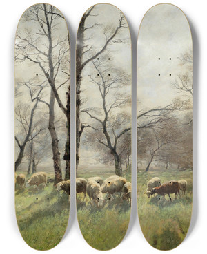 Triptych art skateboard deck of August Fink Shepherd With His Flock In The Evening Light by August Fink (1872-1916)
