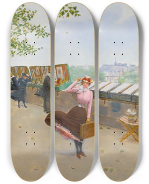 Triptych art skateboard deck of Jean Braud Le Long De La Seine by Jean Beraud (1849-1935)