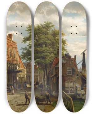Triptych art skateboard deck of Willem Koekkoek Figures In A Dutch Town On A Sunny Day by Willem Koekkoek (1839-1885)