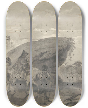 Triptych art skateboard deck of August Alleb Landschap Met Een Stoet Reizigers by August Allebe (1838-1927)
