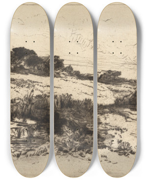 Triptych art skateboard deck of Francis Seymour Haden Windmill Hill No 1 by Francis Seymour Haden (1818-1910)