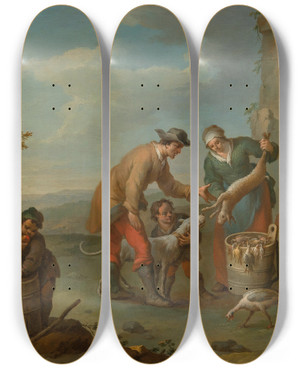 Triptych art skateboard deck of Karl Aigen Market Scene_2 by Karl Aigen