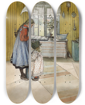Triptych art skateboard deck of Carl Larsson The Kitchen by Carl Larsson (1853-1919)