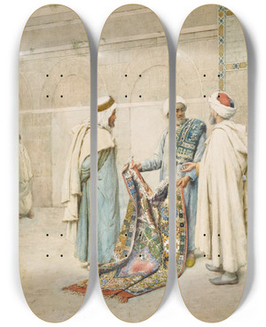 Triptych art skateboard deck of Federico Bartolini The Carpet Merchant by Federico Bartolini (1861-1908)