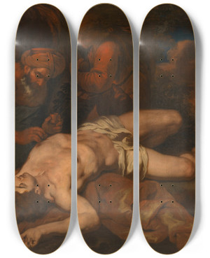 Triptych art skateboard deck of Johann Carl Loth Der Barmherzige Samariter by Johann Carl Loth (1632-1698)