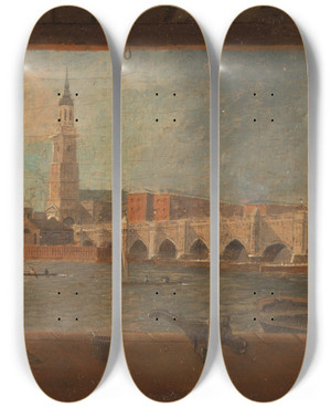 Triptych art skateboard deck of Daniel Turner A View Of London Bridge by Daniel Turner (1782-1801)