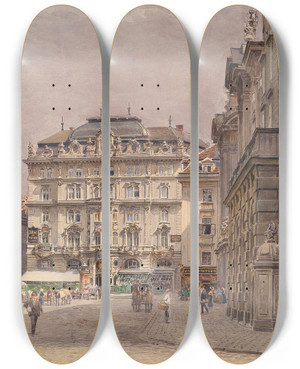Triptych art skateboard deck of Ernst Graner Sonniger Tag Am Hof by Ernst Graner (1865-1943)
