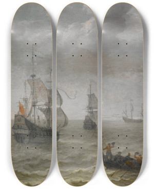 Triptych art skateboard deck of Abraham Willaerts Seascape With Ruins On A Cliff by Abraham Willaerts (1603-1669)
