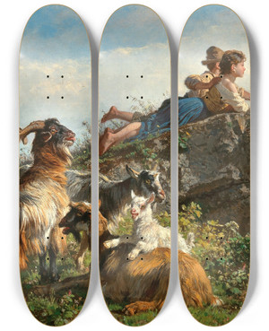 Triptych art skateboard deck of Filippo Palizzi The Little Goatherders by Filippo Palizzi (1818-1899)