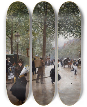 Triptych art skateboard deck of Jean Braud Sur Les Grands Boulevards_1 by Jean Beraud (1849-1935)