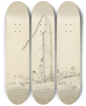 Triptych art skateboard deck of John Webber A Sailing Canoe Of Otaheite_1 by John Webber (1751-1793)