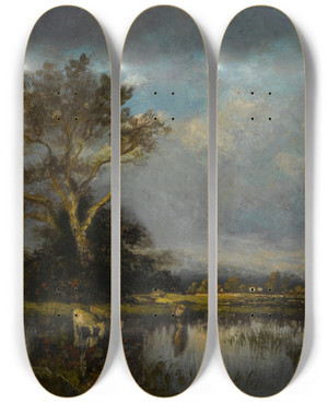 Triptych art skateboard deck of Jules Dupr Landscape With Pond And Tree by Jules Dupre (1811-1889)