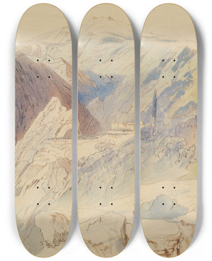 Triptych art skateboard deck of Edward Lear The Monastery Of St Nilus Mount Athos by Edward Lear (1812-1888)