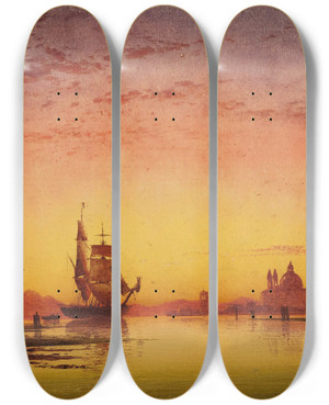 Triptych art skateboard deck of Edward William Cooke Venice A November Evening In The Lagoon by Edward William Cooke (1811-1880)