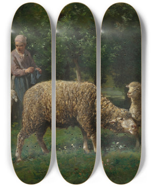 Triptych art skateboard deck of Charles Emile Jacque Shepherdess With Sheep by Charles Emile Jacque (1813-1894)