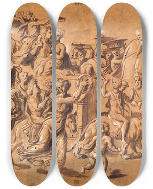 Triptych art skateboard deck of Rosso Fiorentino Bacchus Triumf_1 by Rosso Fiorentino (1494-1540)