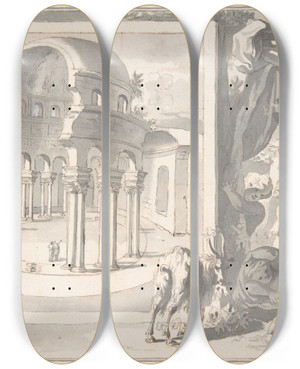 Triptych art skateboard deck of Jan Goeree A Reconstructon Of An Undefined Building by Jan Goeree (1670-1731)