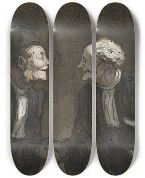 Triptych art skateboard deck of Honor Daumier Deux Avocats La Poigne De Main by Honore Daumier (1808-1879)