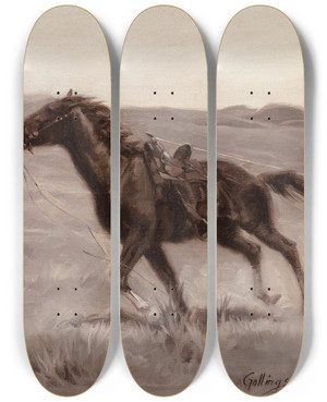 Triptych art skateboard deck of Elling William Gollings Making A Tie Loose by Elling William Gollings (1878-1932)
