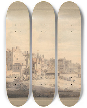 Triptych art skateboard deck of William Marlow Houses By The Riverside by William Marlow (1740-1813)