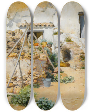 Triptych art skateboard deck of Jos Pinelo Llull A Young Boy At The Well by Jose Pinelo Llull (1861-1922)