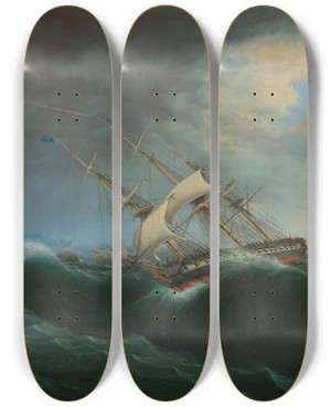Triptych art skateboard deck of Thomas Birch The Constitution by Thomas Birch (1779-1851)