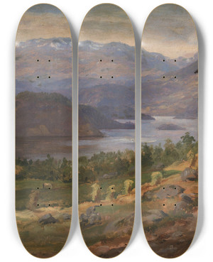 Triptych art skateboard deck of Siegwald Dahl Hjelle In Valdres by Siegwald Dahl (1827-1902)