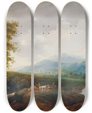 Triptych art skateboard deck of Franz Scheyerer Landschaft Mit Schneeberg by Franz Scheyerer (1770-1839)