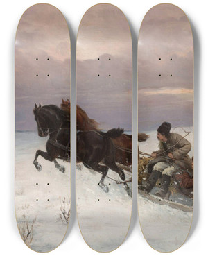 Triptych art skateboard deck of Jzef Jaroszyski Riding In A Sleigh by Jozef Jaroszynski (1835-1900)
