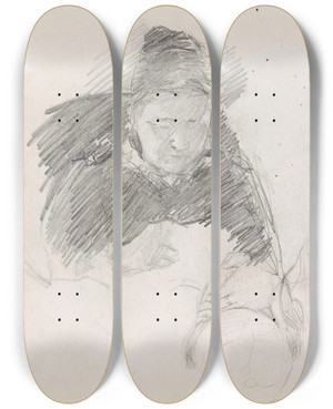 Triptych art skateboard deck of Signe Scheel Kvinneportrett Riss Av Hode by Signe Scheel (1860-1942)