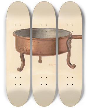 Triptych art skateboard deck of Bisby Finley Bishop Hill Copper Skillet by Bisby Finley