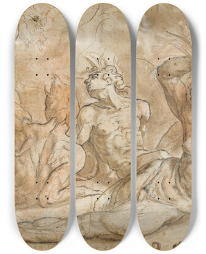 Triptych art skateboard deck of Hans Speeckaert Phaetons Fall by Hans Speeckaert (1540-1577)