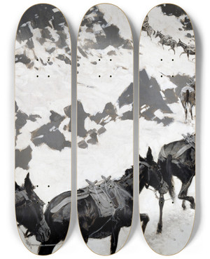 Triptych art skateboard deck of Frederic Remington The Mule Pack by Frederic Remington (1861-1909)