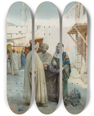 Triptych art skateboard deck of Filippo Bartolini A Hard Bargain by Filippo Bartolini (1861-1908)