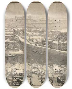 Triptych art skateboard deck of Auguste Louis Lepre Paris Under Snow by Auguste Louis Lepere (1849-1918)