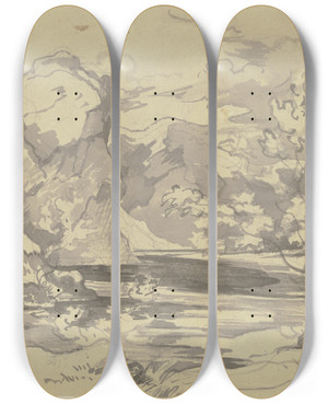 Triptych art skateboard deck of August Richter River Landscape by August Richter (1801-1873)